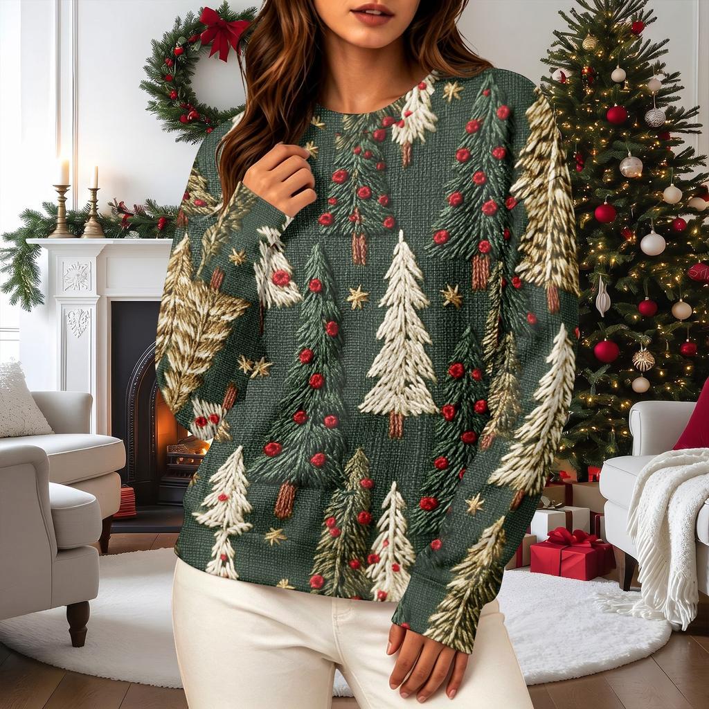 Women's Casual Long Sleeve Christmas Print Neck Pullover Sweatshirt