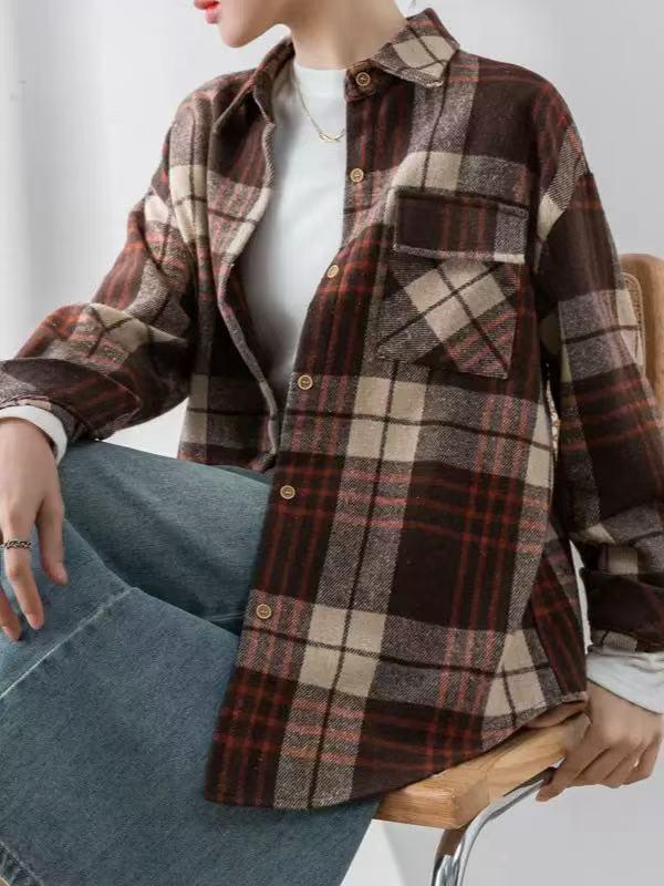 European & American Women's Plaid Long-Sleeve Shirt Jacket - Loose & Casual Fashion (2025)