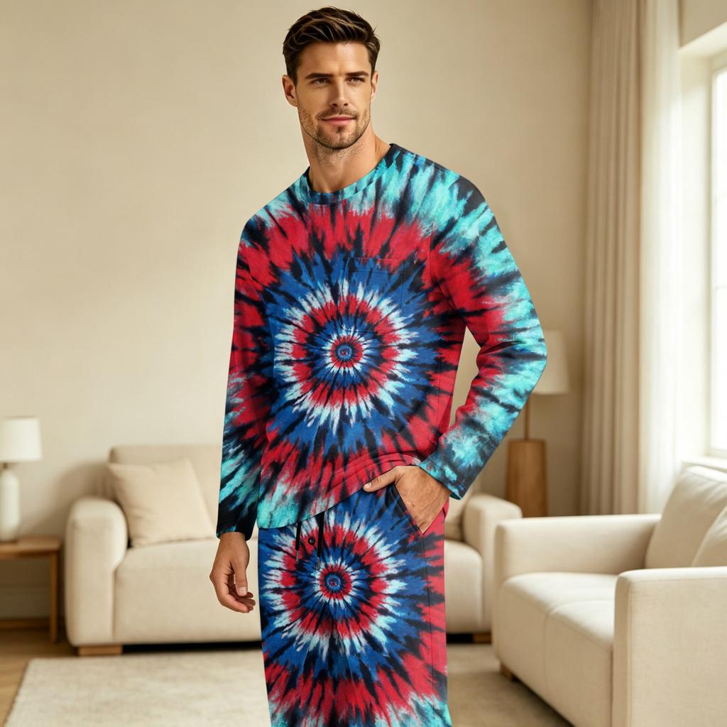 Men's Long Sleeve Pajama Set with Button Crotch and Elastic Drawstring Waist for Home Comfort