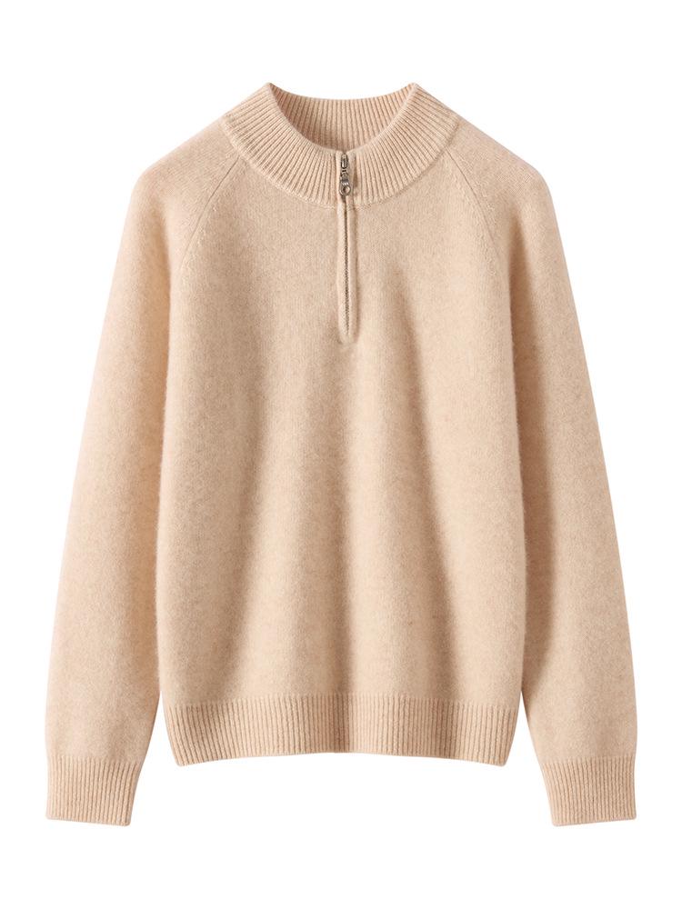 Women's Cashmere Half-Zip Pullover: Versatile Loose-Fit Solid Knit Sweater for Autumn/Winter
