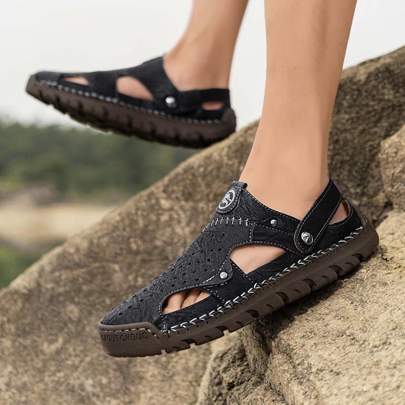 Summer Soft Sole Slippers Cowhide Sandals Comfortable Shoes Baotou Sandals Hollow Out Leather Non-Slip Outdoor Breathable Shoes