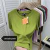 European Plus Size Ribbed Loose Short Sleeve T-shirt, Women's Green Base Layer Blouse