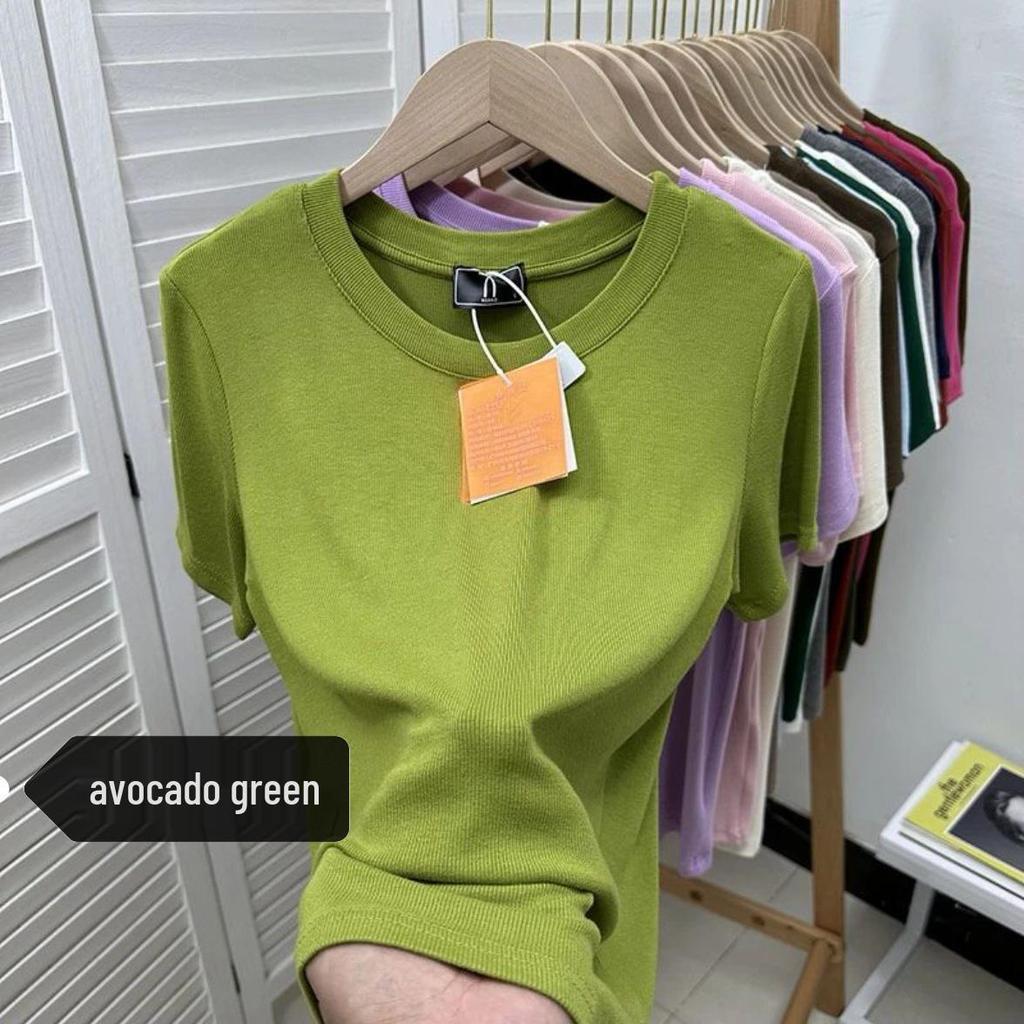 European Plus Size Ribbed Loose Short Sleeve T-shirt, Women's Green Base Layer Blouse
