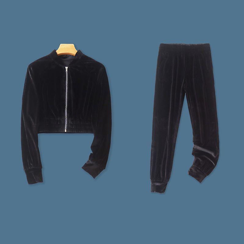 

Костюм из золотого бархата Осень и Зима Новый Экспорт Женский Воротник-стойка Молния Короткий Кардиган + Брюки на резинке с кулиской 29722 Black A- 2-18-2 M