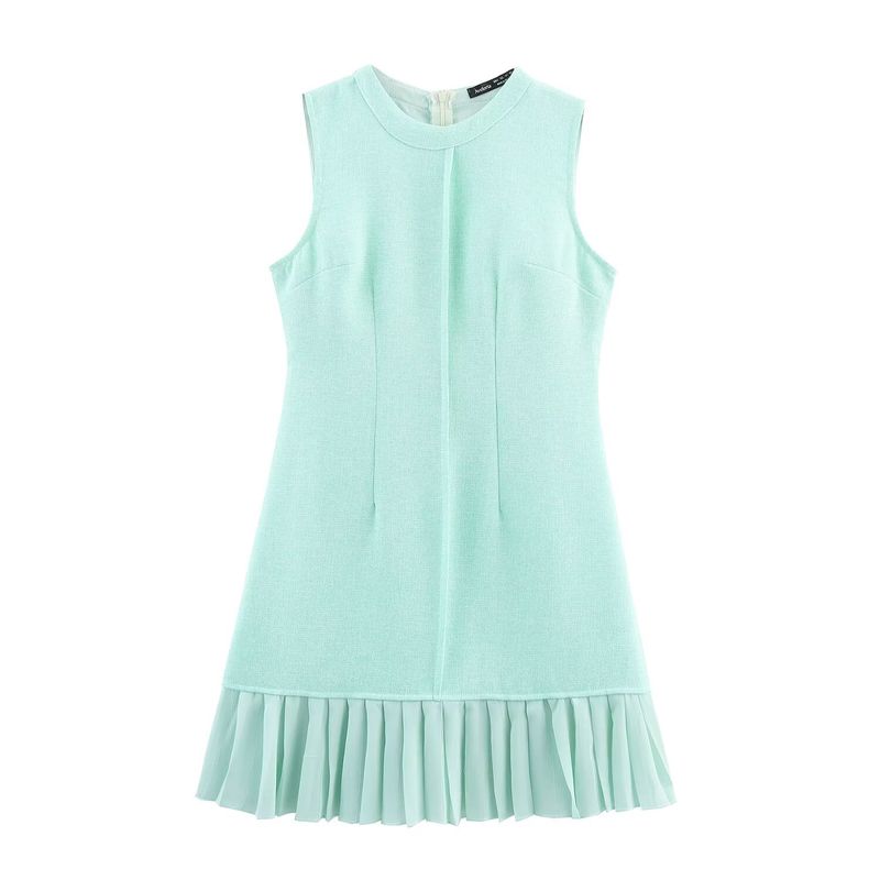 

Kaslead New Women clothes Western Style Fashion Simple round Neck Sleeveless Hem Pleat Dress Cyan L