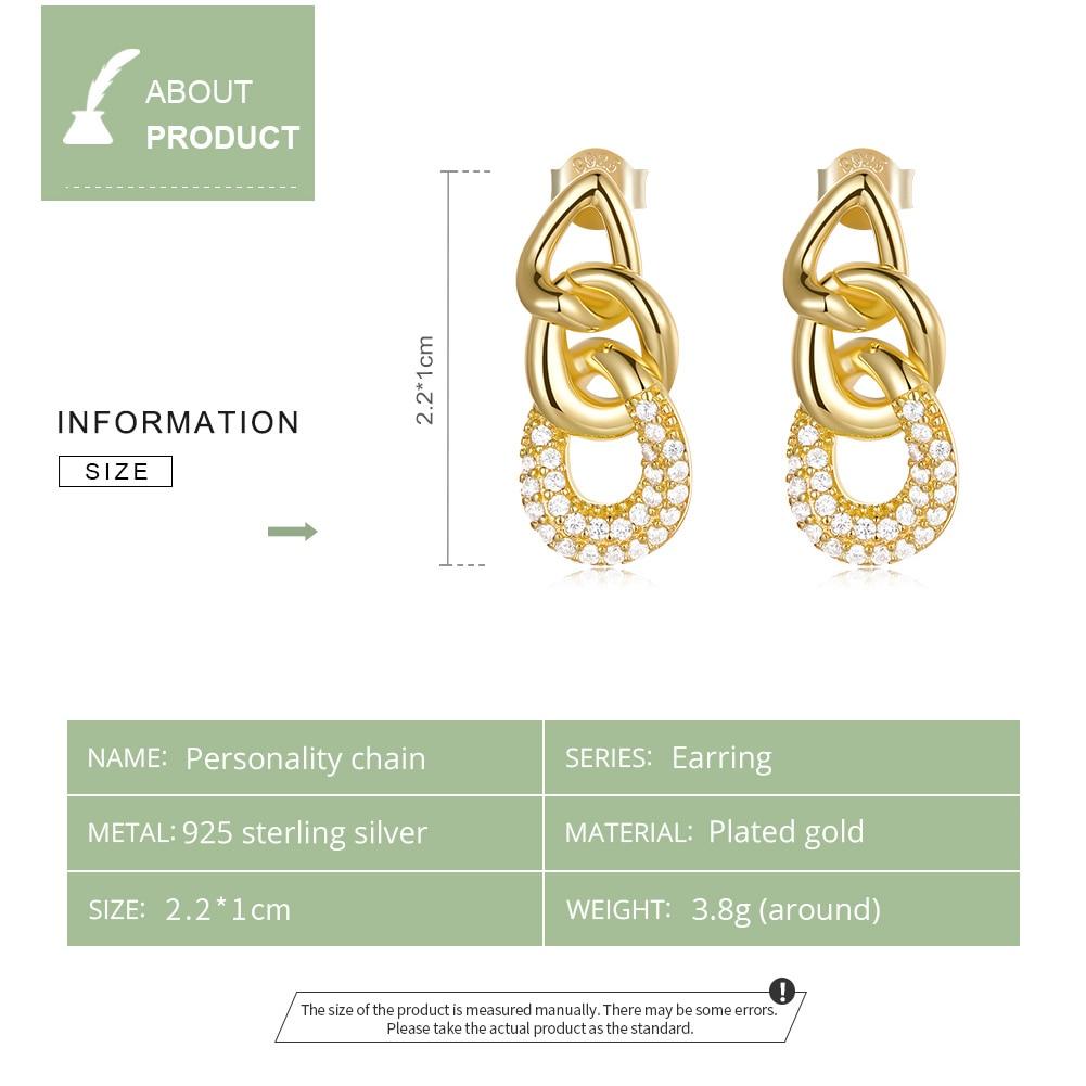 BAMOER 925 Sterling Silver New Trendy Earrings Plated Gold Personality Chain-Shaped Drop Earrings Women Statement Jewelry Gift