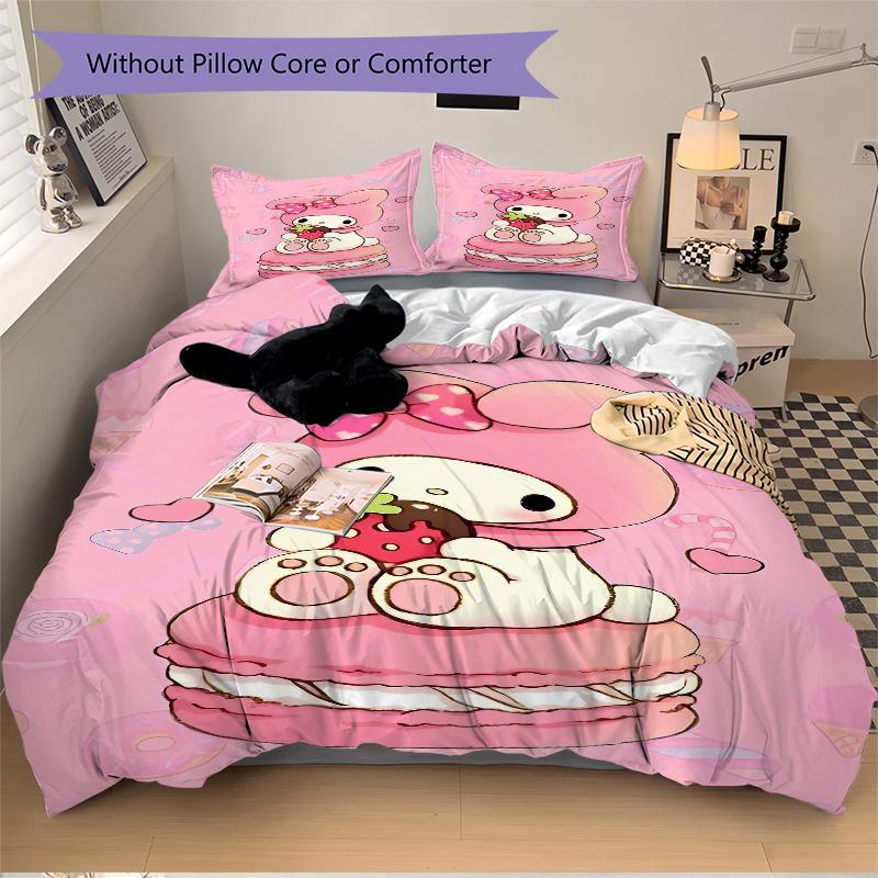 3pcs My Melody On a Pink Macaron Pattern Bedding Set, 1* Cover + 2*Pillowcases, Printed Bedding Set, Soft and Comfortable.S068