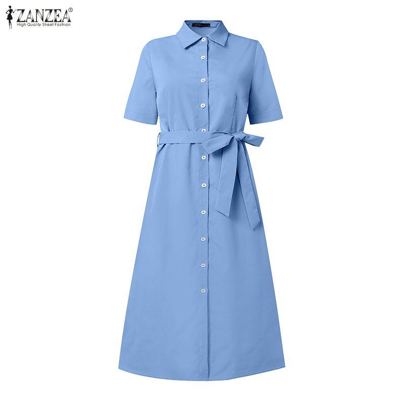 ZANZEA Women Casual Turn Down Collar Short Sleeve Shirt Dress