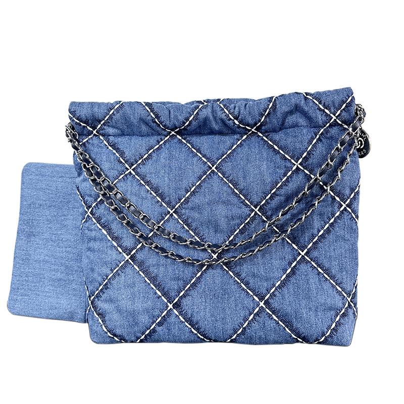 Retro Casual Denim Garbage Bag Bag, Rhombus Chain, Shoulder Bag, Large Capacity Underarm Female Tote Bag.