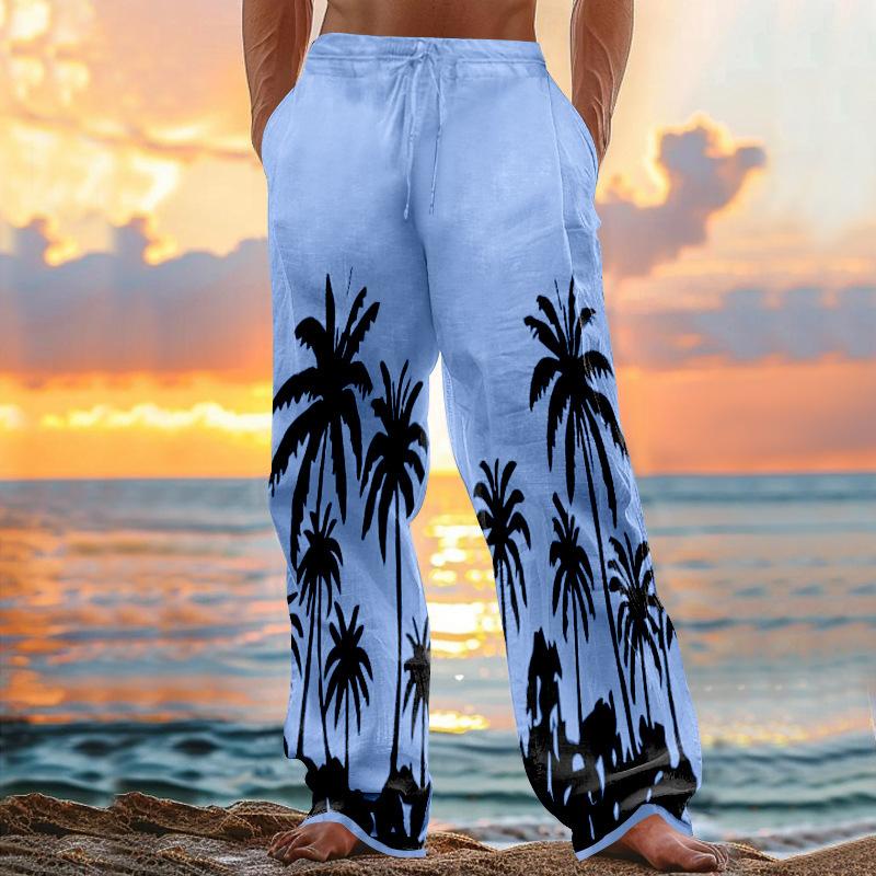 New beach men's printed casual cotton linen loose trousers