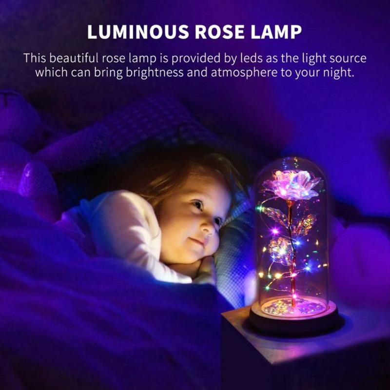 Galaxy Rose Lamp with Butterfly & Colorful LED Lights Artificial Rose in Glass Dome Battery Powered Romantic Gift for Wedding Home Decor