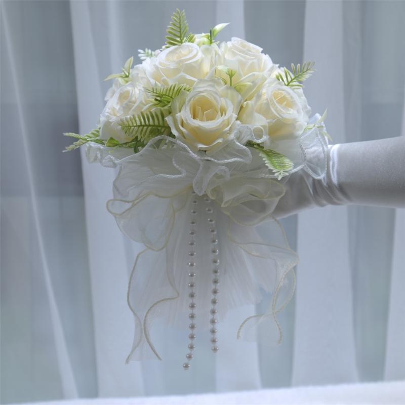 Realistic Pearls Decors Bridal Hand Bouquet Silk Flower Arrangement for Wedding Anniversaries and Formal Occasion