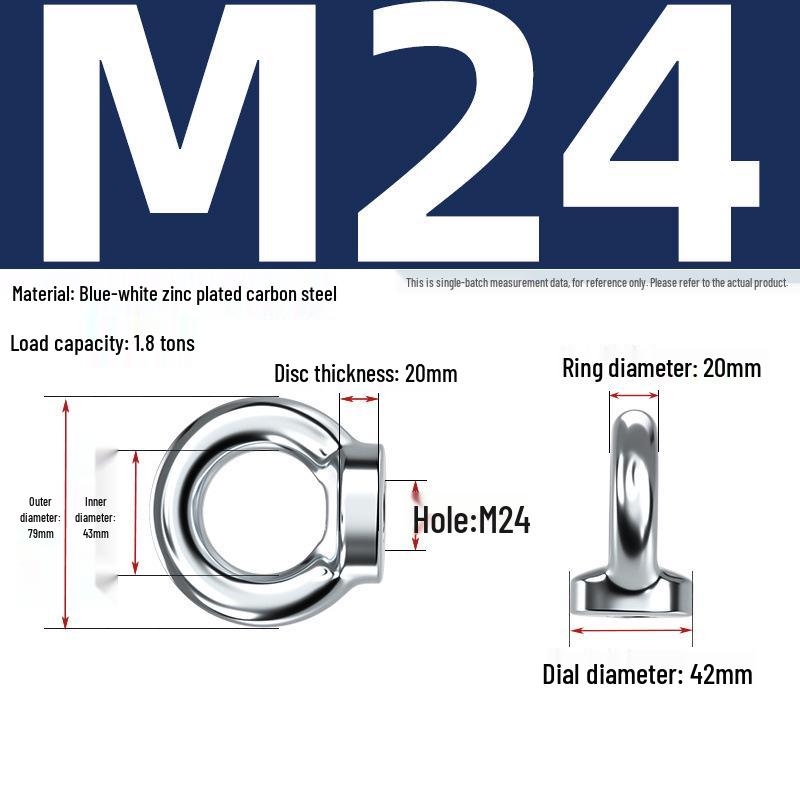 Marine Grade Zinc-Plated Hardened Carbon Steel Lifting Eye Bolt with Nut, Round Ring, Extended Thread, M6 M8 M20