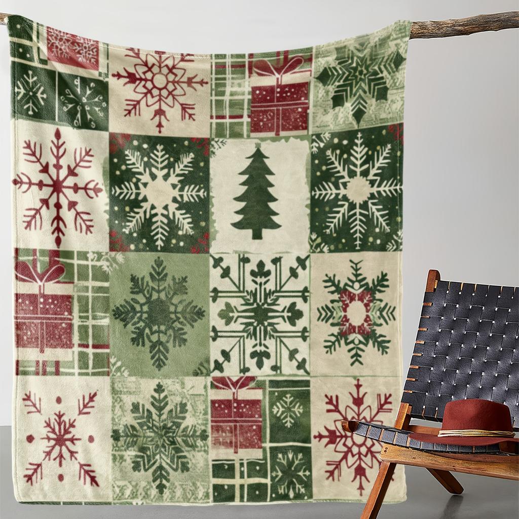 Christmas Snowflake Patchwork Fleece Blanket Festive Tree & Gift Throw Blanket, Soft Cozy For Winter Holiday Home Decor & Gift