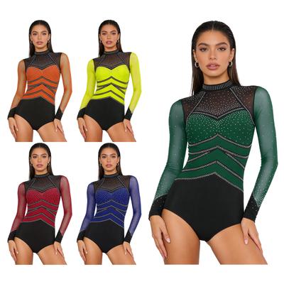 Tuta da Ginnastica da Donna con Strass, Manica Lunga in Rete, Schiena Scoperta, Chiusura a Bottoni sul Cavallo, Color Blocking, Tuta