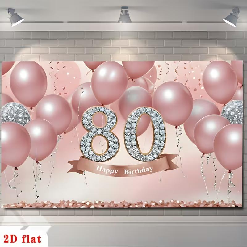 2D Elegant Blush Pink 80th Birthday Party Banner with Confetti