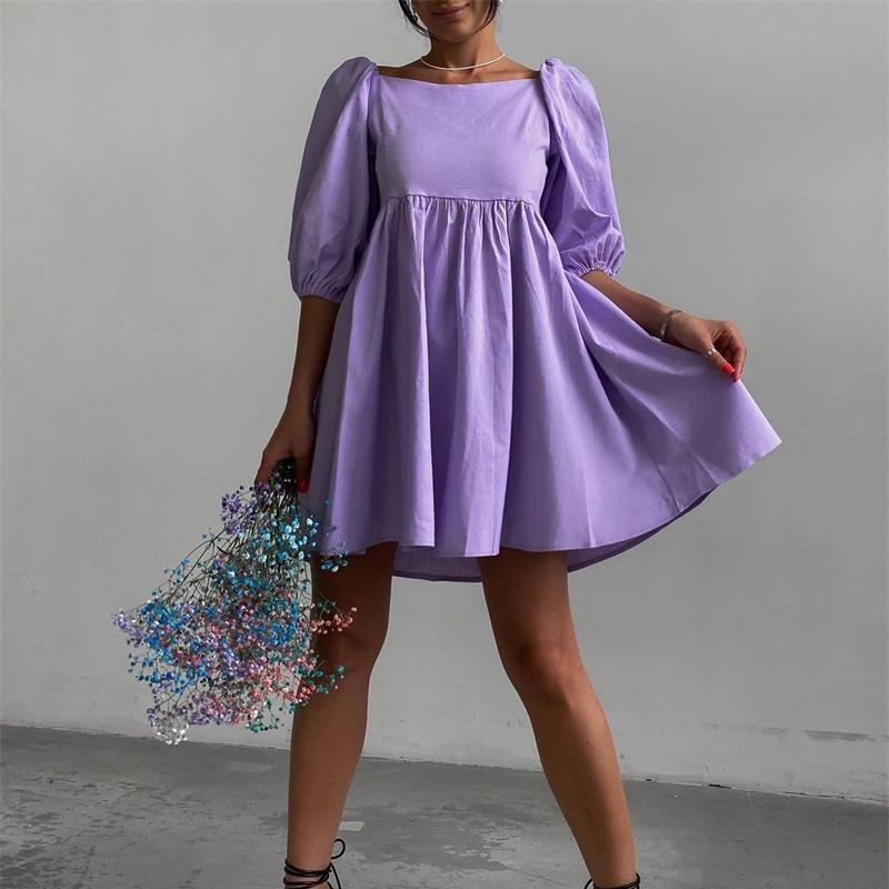 

Hirsionsan летнее однотонное пышное платье с квадратным воротником и короткими рукавами, женские свободные повседневные платья с высокой талией, женская модная простая одежда L фиолетовый