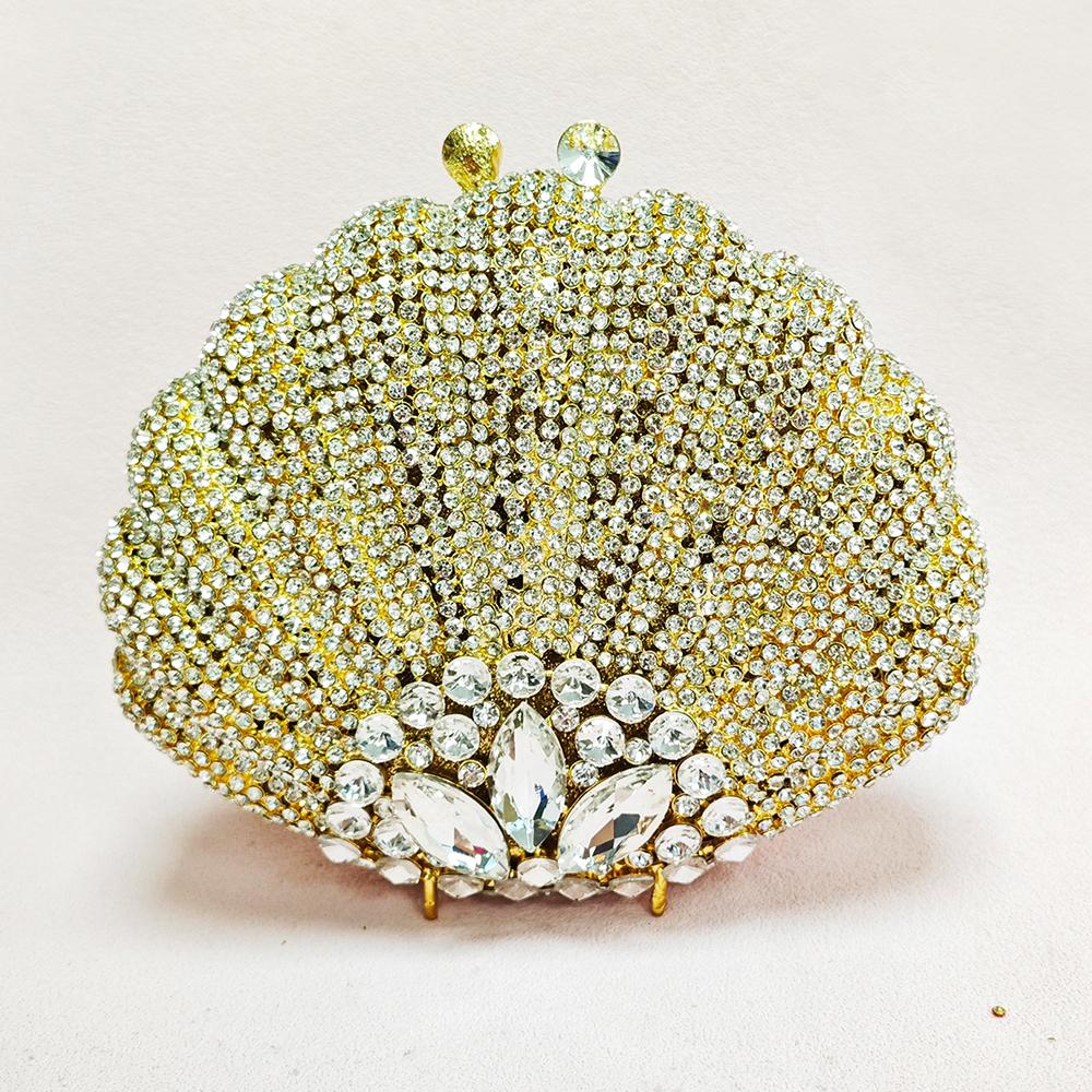 Evening Bag Champagne/Green Oyster Pattern Lady Wedding Purse Women Crystal Clutches Diamond Lady Wedding Purse Bridal Party 18cmX13.5cmX7cm