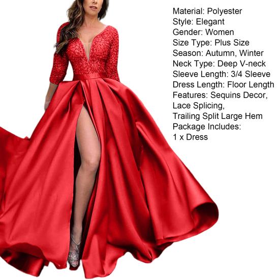 Deep V-Neck 45720 Sleeve Lace Splicing Waist Tight Mid-Rise Gown Dress Women Sequins