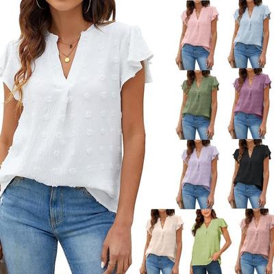 Summer New Tops V-neck Pleated Ruffles Sleeve Chiffon Shirt Women Elegant Slim Fit Casual Loose Women Blouses Retro Simple Ladies Shirts Clothes 26489