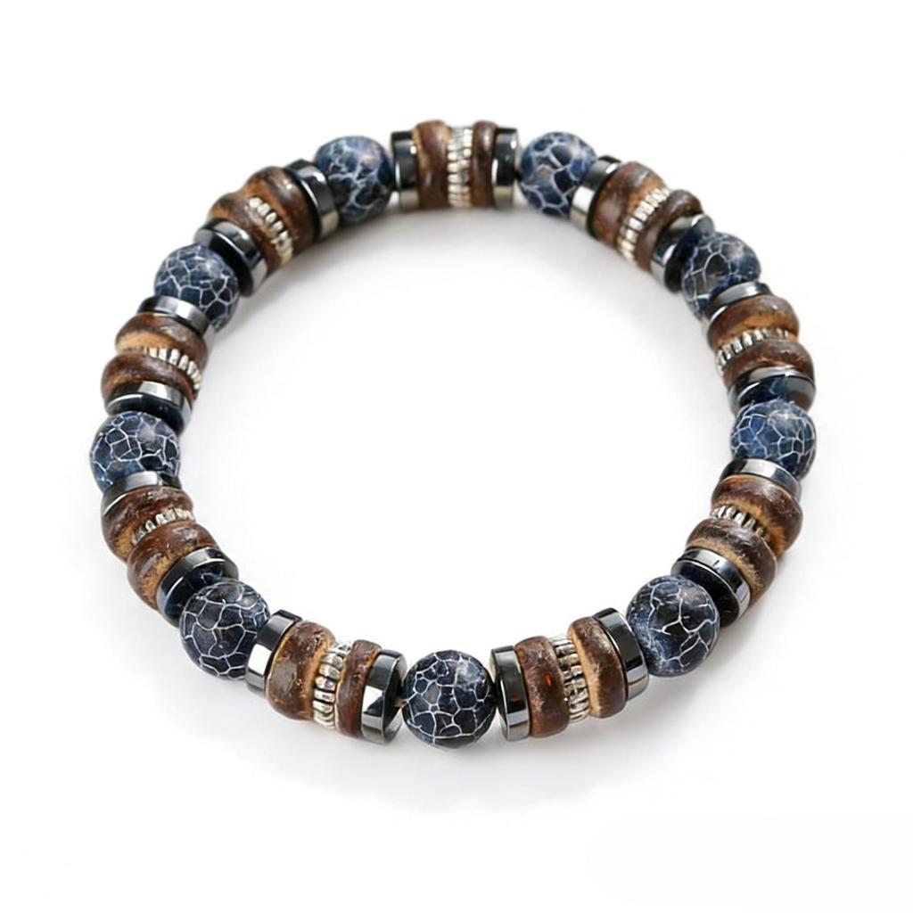 Temu Men's Black Hematite and Weathered Stone Beaded Bracelet