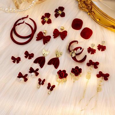 Silver Needle Autumn/Winter Red Bow Pearl & Rose Chain Earrings