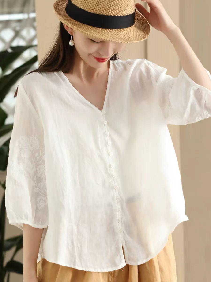 

Johnature Женские винтажные вышитые цветочные рубашки с V-образным вырезом, топы с семью рукавами и пуговицами, однотонные блузки, летняя рубашка One Size белый