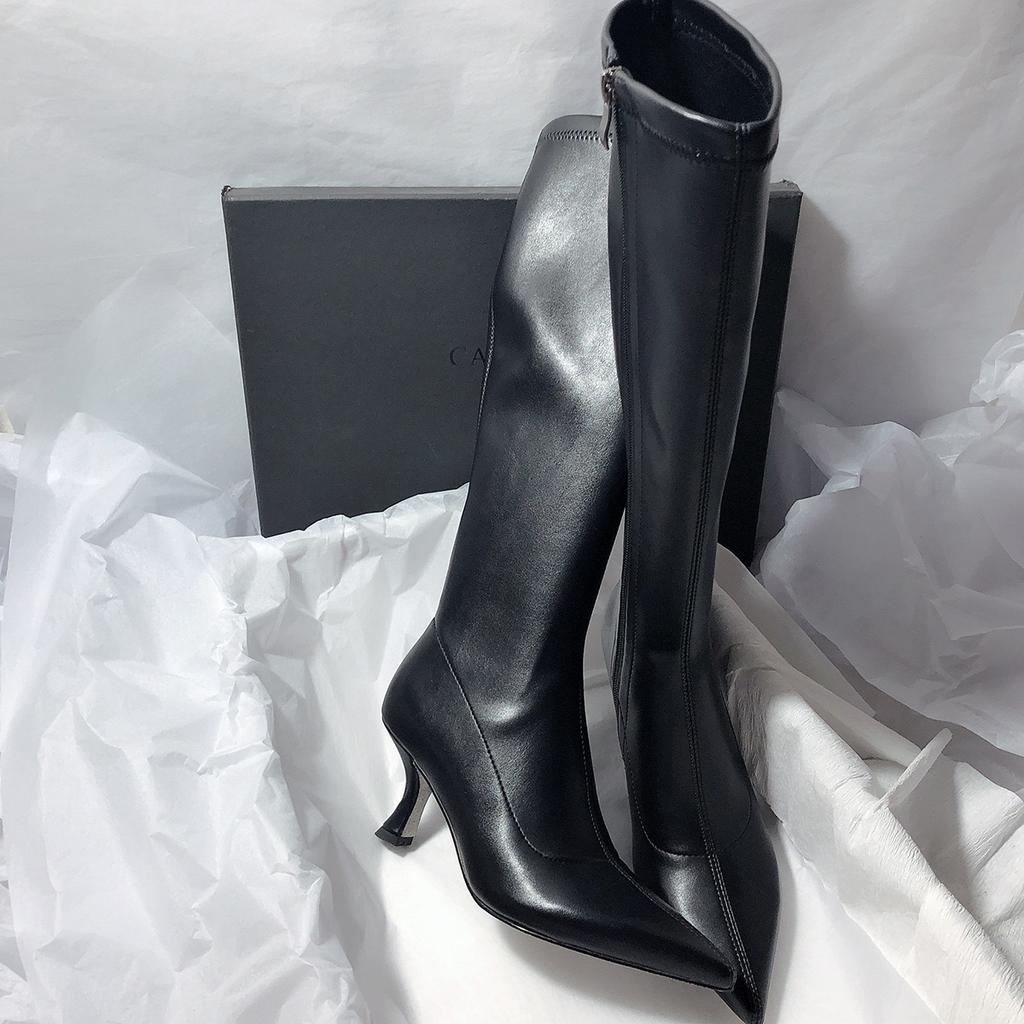 Elegant High Heels Women's 2025 New Fashion Pointed Slim Heels Knee High Boots with Side Zipper Temperament Long Tube Boots