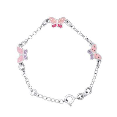 Children's Bracelet - LÉA &; ARTHUR - 3 BUTTERFLIES - Rhodium-plated 925 Silver - Pink Enamel - Adjustable Length