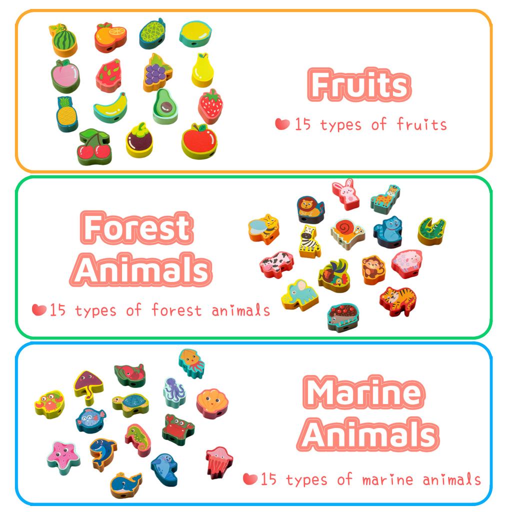 Montessori Holz Einfädelperlen Spielzeug für Kleinkinder, Pädagogisches Auffädeln Tiere Früchte Einfädelspiel, Geschenk für Vorschulkinder