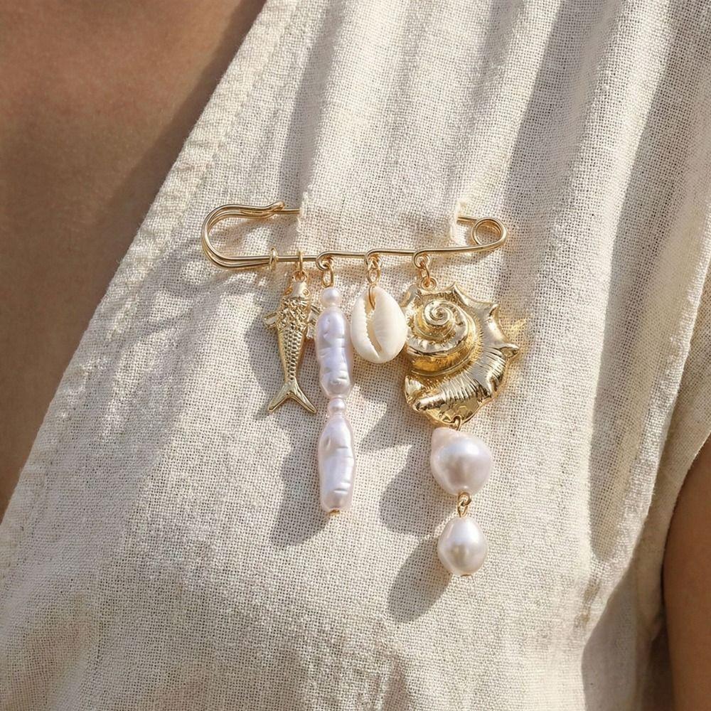 Gold Tone Ocean Element Brooch Pearl Pendant Exaggerated Color Tropical Fish Brooch Mermaid Tail Design Starfish Coral