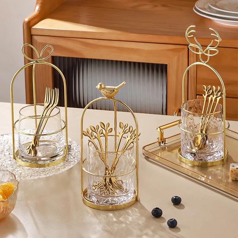 Creative Golden Bird Stainless Steel Fruit Fork Shelf Home Dessert Fruit Fork Spoon Storage Jar Glacier Glass Storage Bottle New