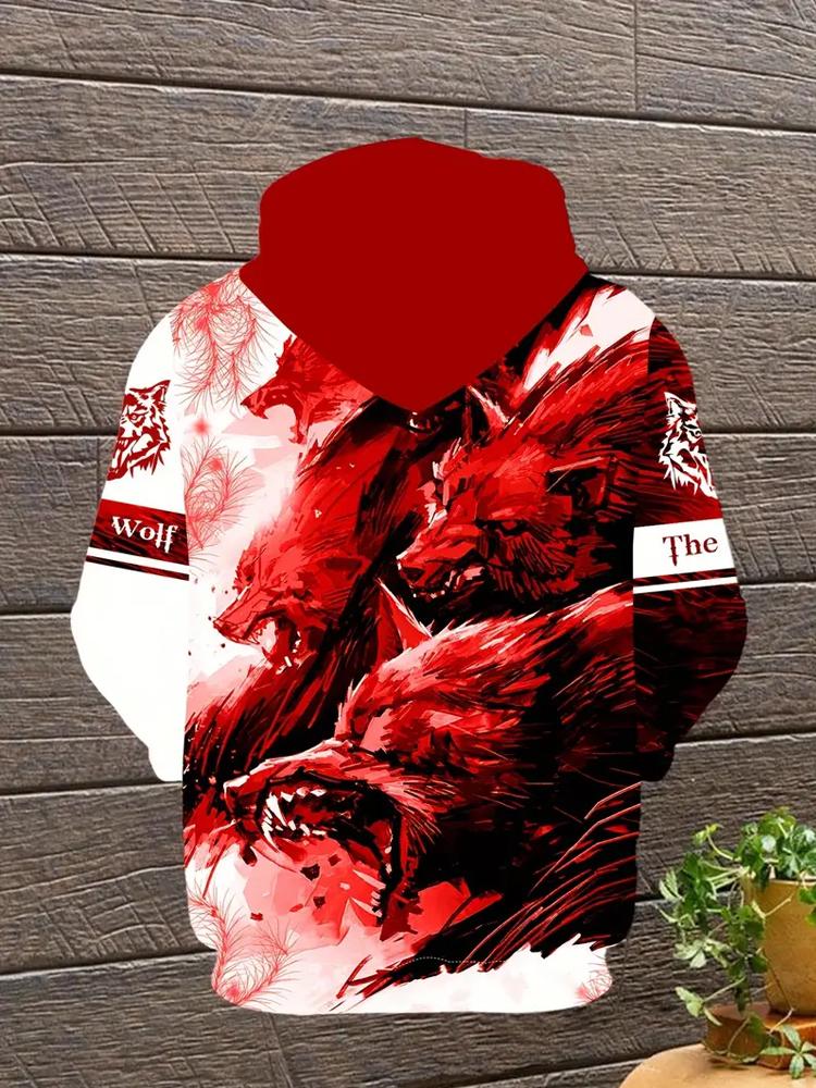 Painting Style Fierce Wolf Illustration And Letter Print Hooded Long Sleeve Sweatshirt With Kangaroo Pocket Men's Sports Hoodie