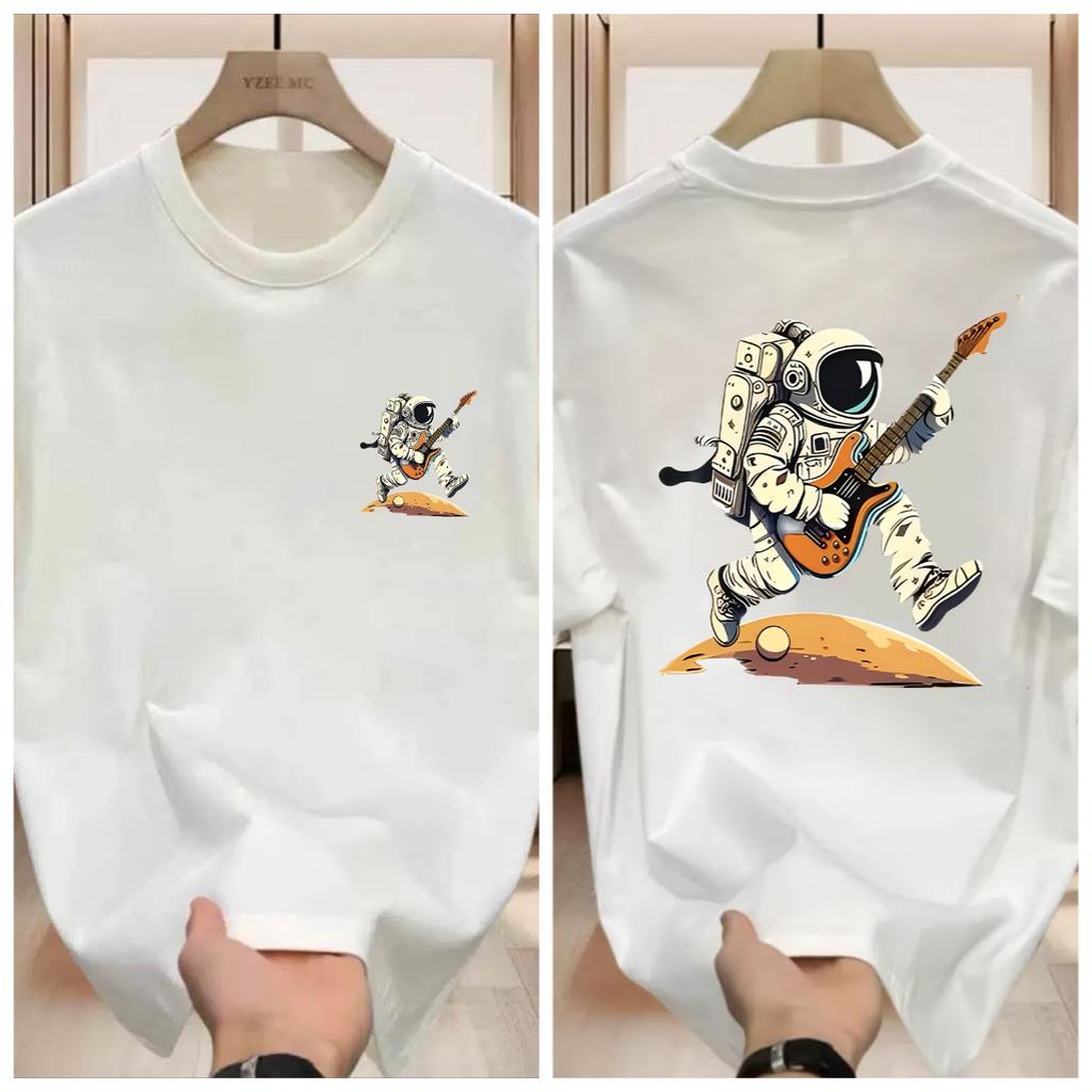 Men Cotton Graphic T-Shirt Astronaut Playing Guitar On Moon Print Casual Round Neck Short Sleeve Summer Tee Men Clothing