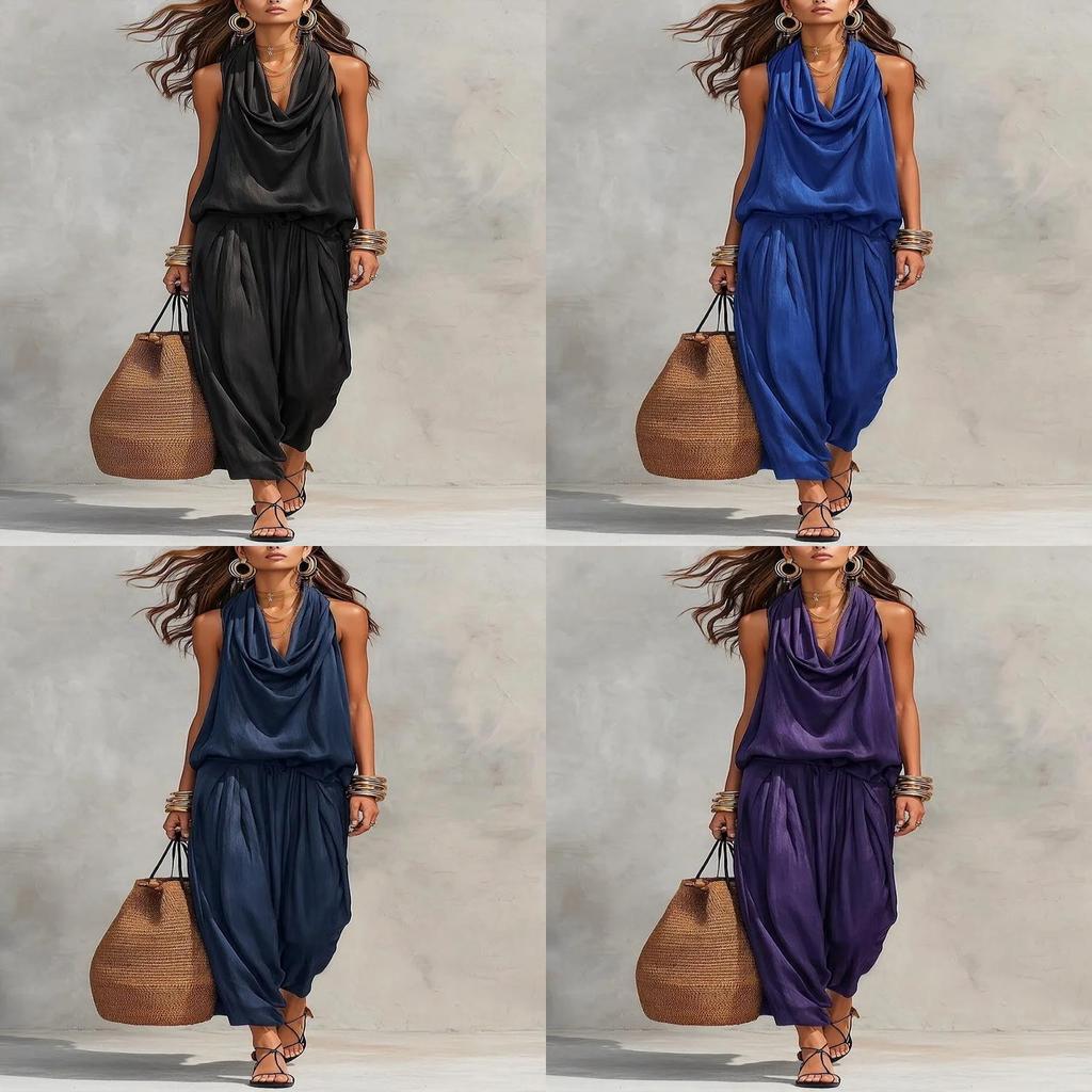 Elegante Set di Camicia Senza Maniche e Pantaloni Lunghi in Poliestere per Donna, Abbigliamento Casual Primaverile