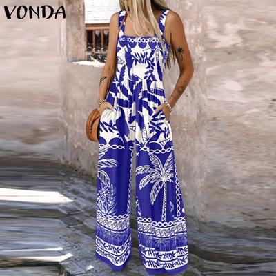 Women Summer Sleeveless Strap Print Casual Long Holiday Jumpsuits Overalls
