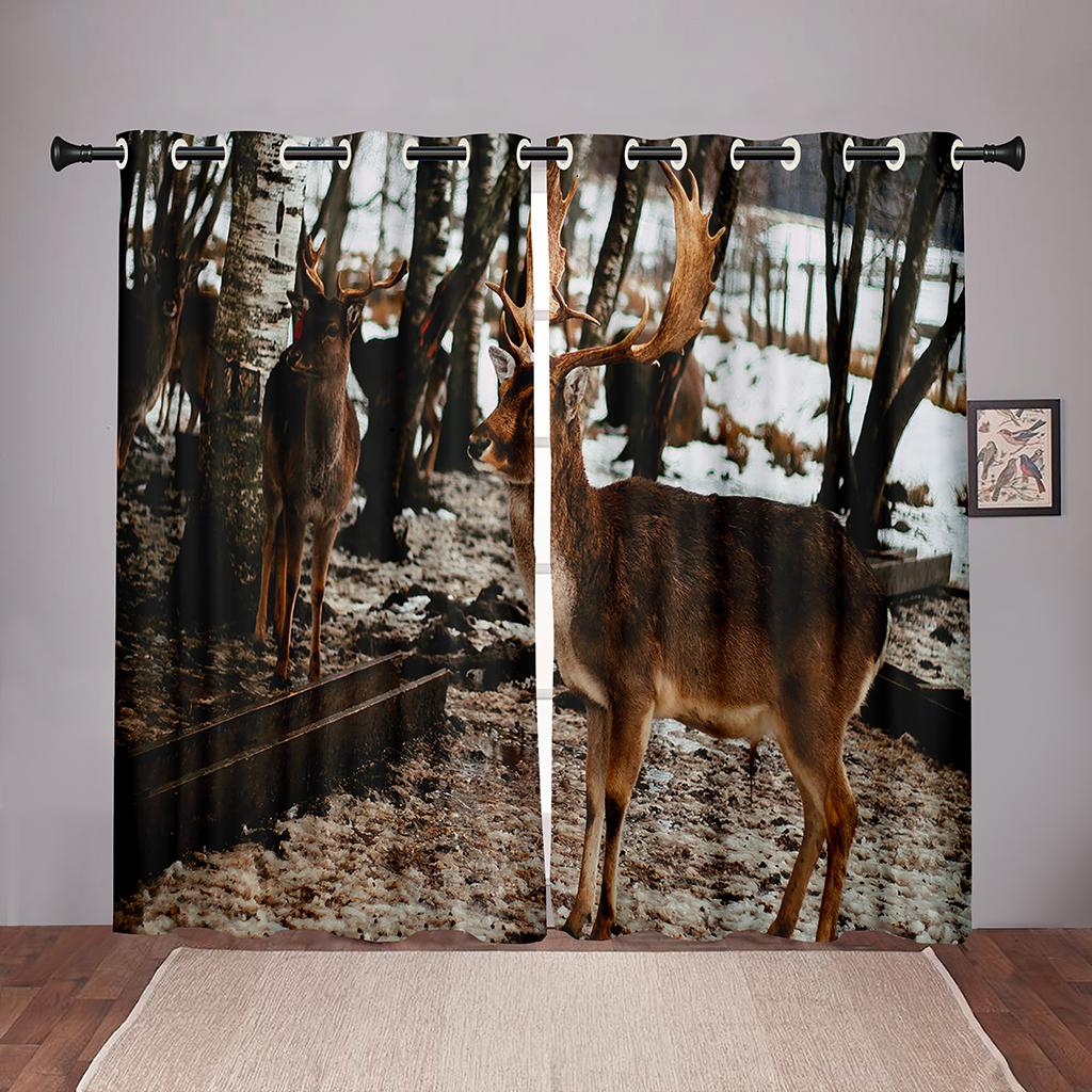 Thick 90% Shading Nature Deer Animal Forest Green TreeBlackout Window Curtain For Bedroom Living Room Bathroom Kicthen Door Hall