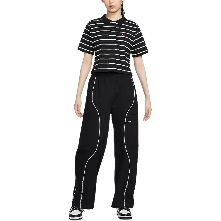Nike Sportswear Small Logo Embroidered Color Block Striped Comfortable Casual Short Sleeve Polo Shirt Women Polo Shirts Black HM4649-010