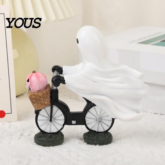 Halloween Ghost Bike Ornament Riding Bicycle Resin Figurine, Spooky Desk Shelf Decor for Handmade Holiday Gift Enthusiasts Home Entryway, Hand-Painted