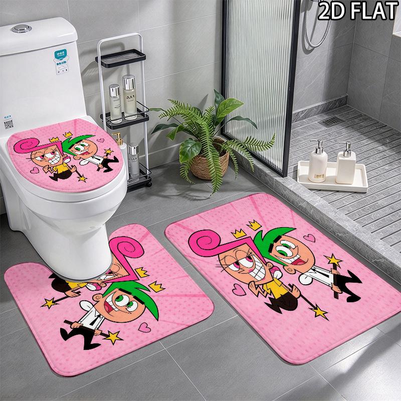3pcs The Fairly OddParents Pattern Flannel Nonslip Absorbent Washable Decorative Bathroom Home Toilet Seat Cover Mat