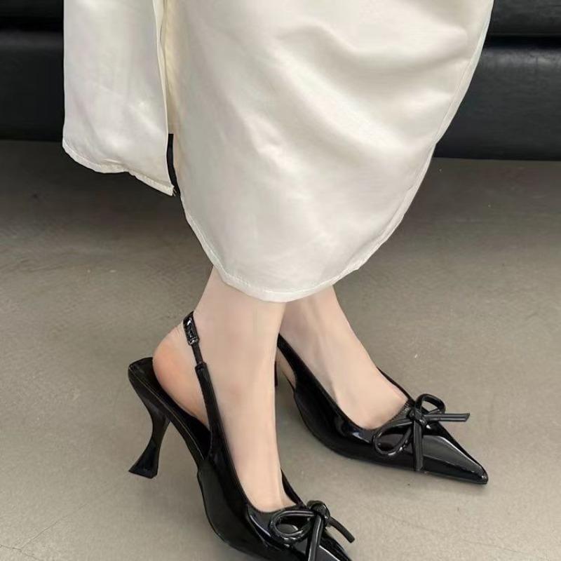Patent Leather Stiletto Sandals Summer New Pointy Head Shallow Mouth Butterfly Knot Set Foot Anti-slip Wear-resistant High Heels