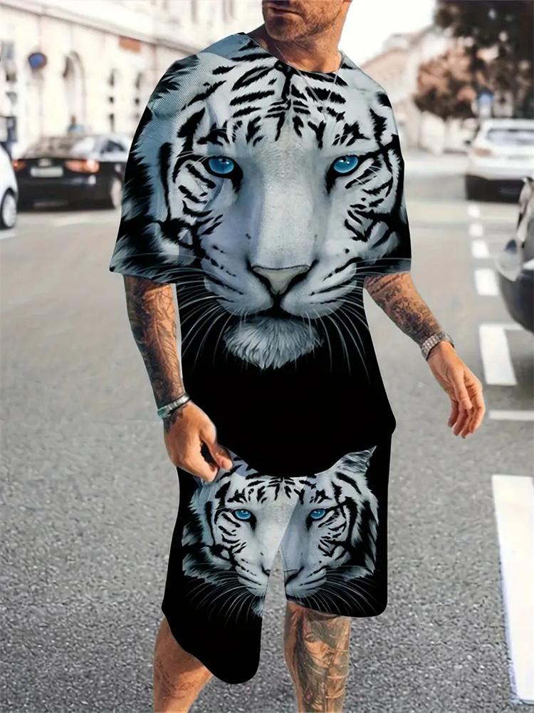 2024 New Summer Fashion Animal Print Suit Black and White Tiger 3D Pattern Outdoor Street Shooting Sportswear Men's Casual Wear