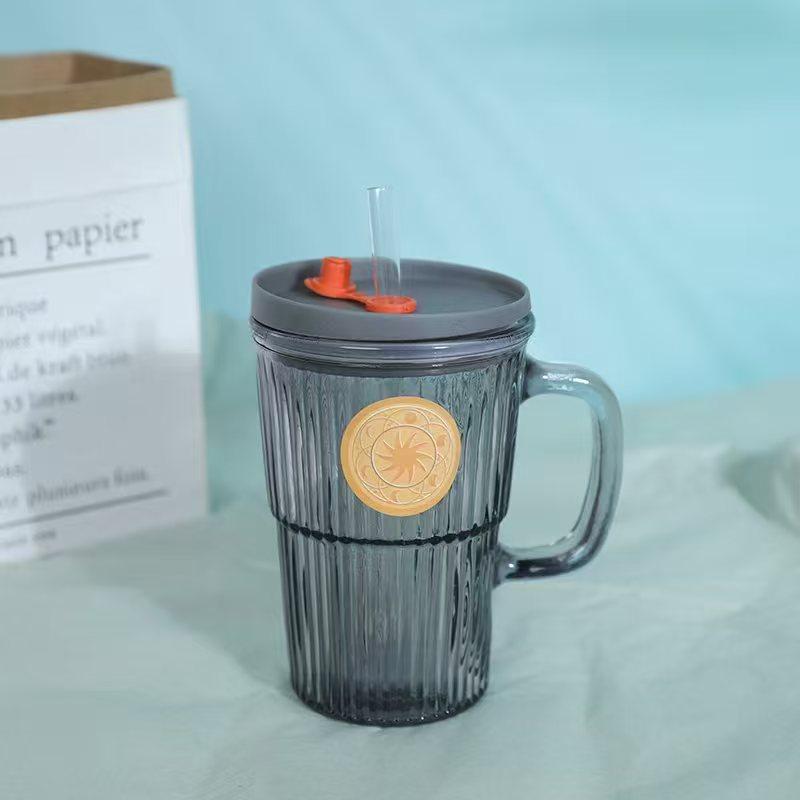 

Japanese Style Glass Cup with Handle and Straw, Instagram Style High Aesthetic Mug, Household Milk Coffee Cup -