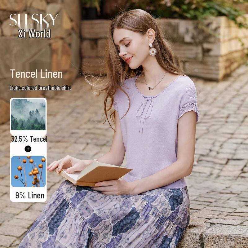 Sllsky Women s Tencel Linen Flutter Sleeve Knit Top S