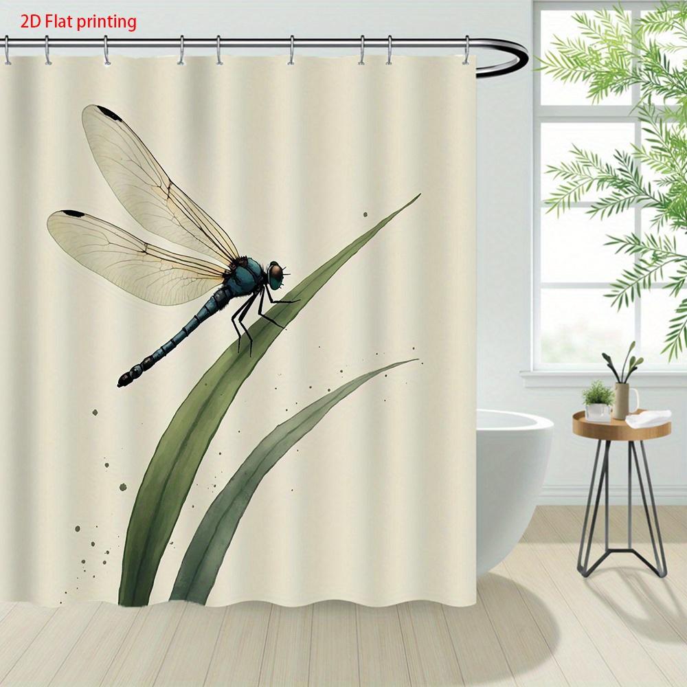 

Dragonfly on Leaf Shower Curtain 1pc – Watercolor Style Blue Insect & Green Plant, Nature Art for Zen Bathroom Decor 90X180cm(35x70in)