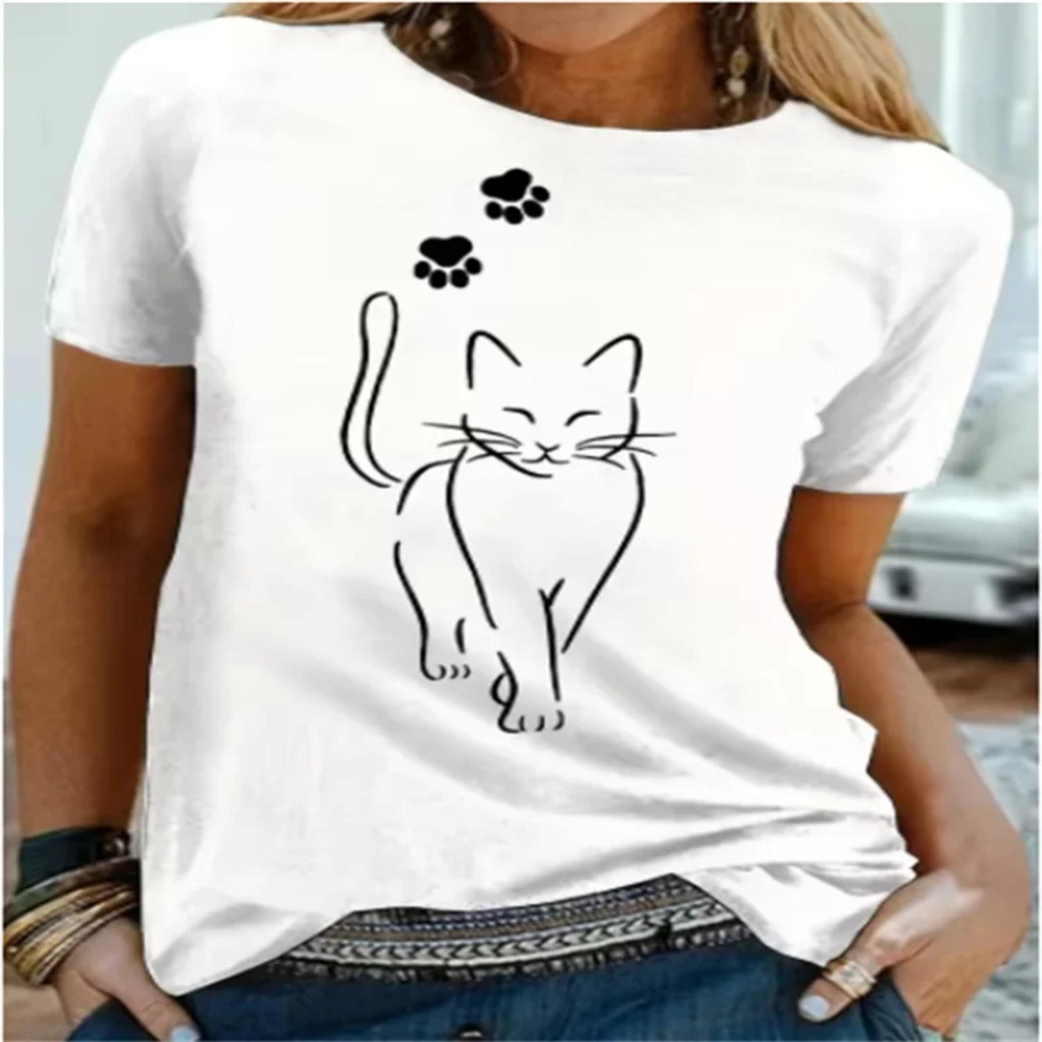 Fashionable summer unisex fun cat pattern printed trendy casual sports round neck short sleeved T-shirt XXXXXL белый