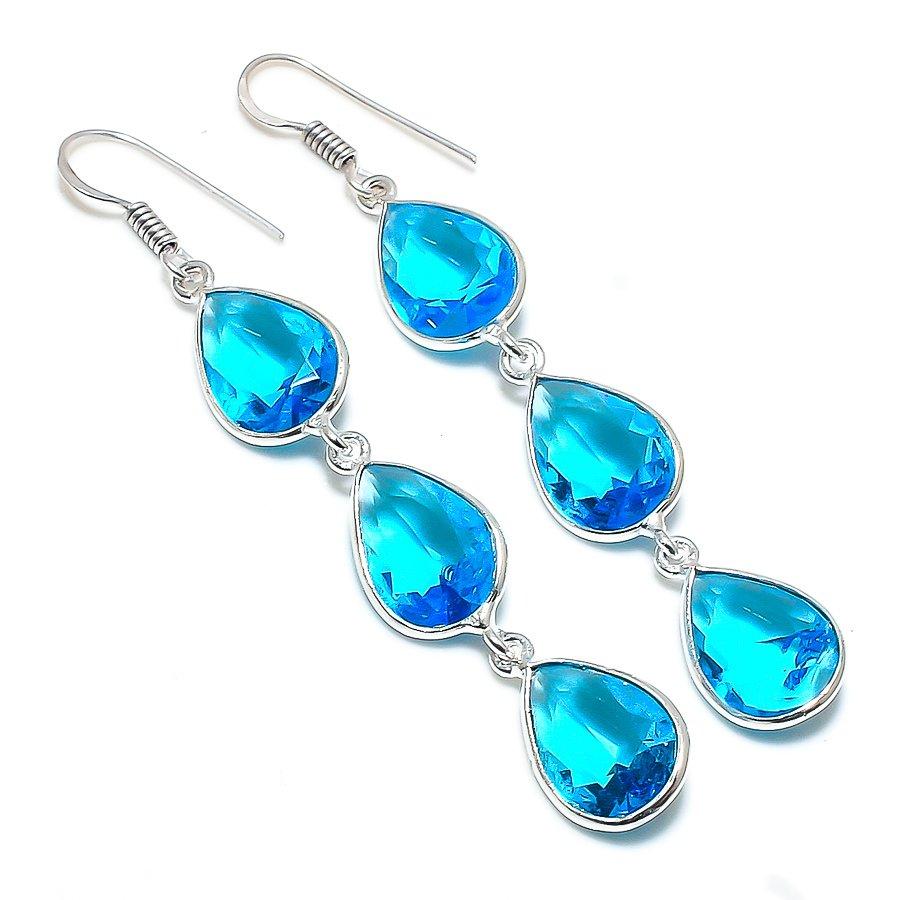 

Этнические ювелирные серьги ручной работы с драгоценным камнем швейцарского синего топаза 2,84 дюйма VR-2985