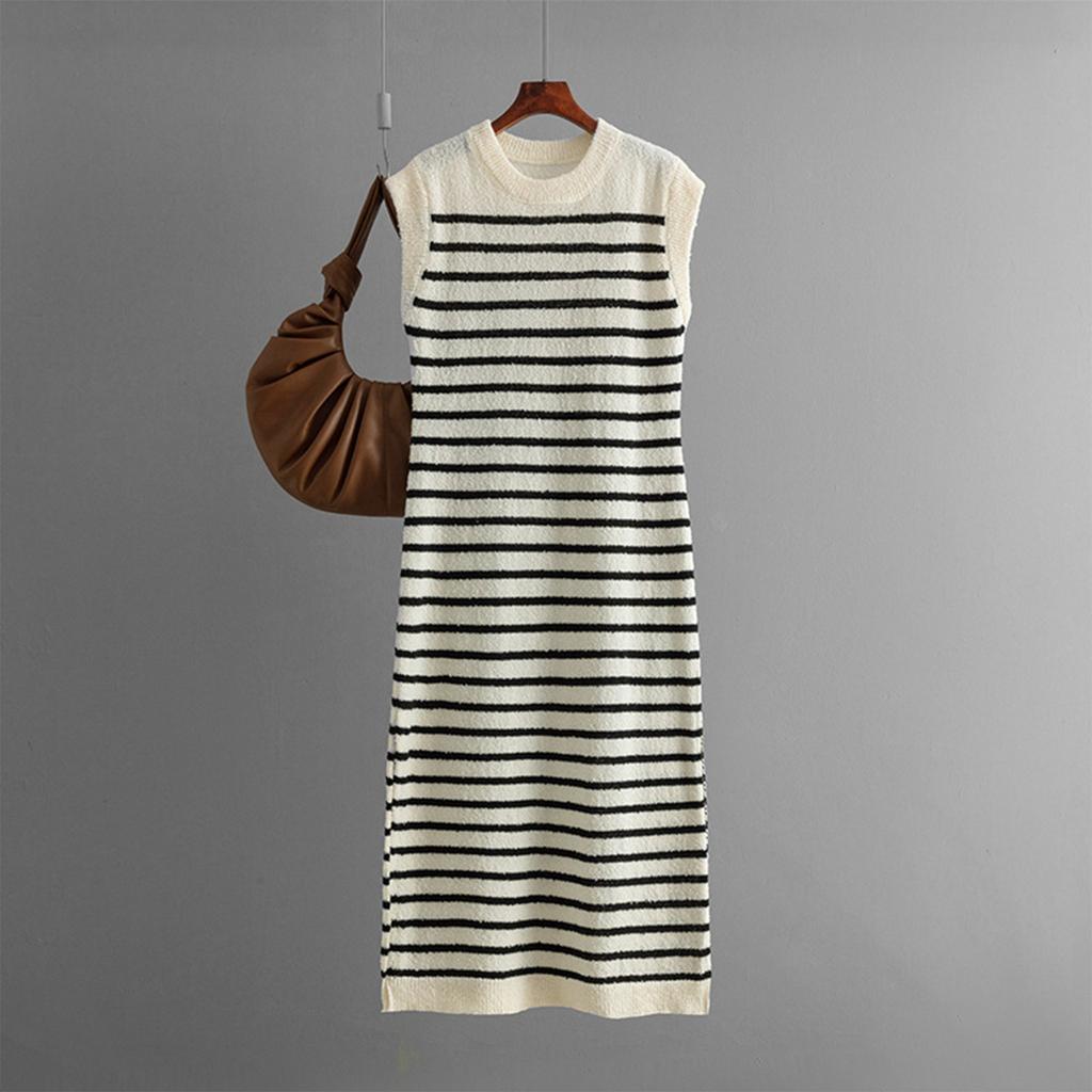 Women's Fashionable Round Neck Slim Knit Striped Vest Casual Long Dress
