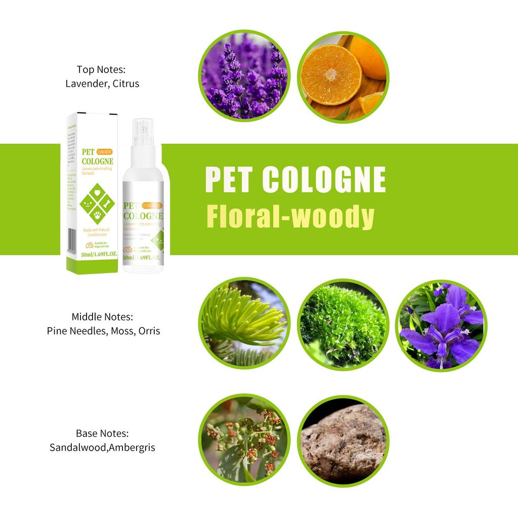 Sprej pro psy a kočky, kondicionér a odstraňovač zápachu, parfém odstraňující psí zápach, parfém odstraňující kočičí zápach pro všechny typy srsti, 50 ml/1,69 OZ