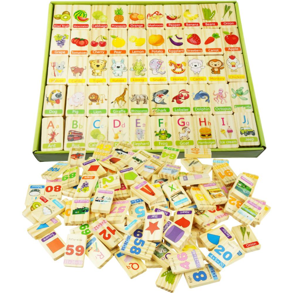 Wooden Domino with Pictures Blocks Dice 100 Pcs Educational
